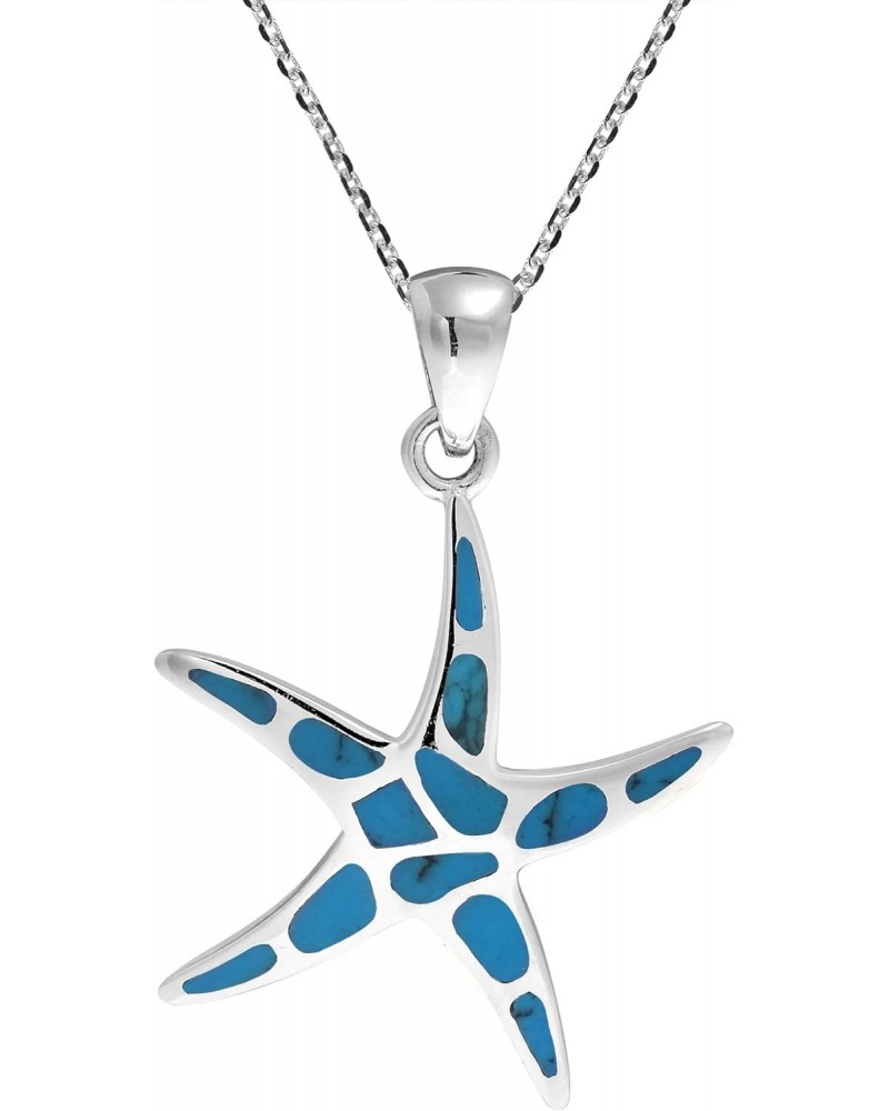 Mystical Ocean Inspired Starfish with Blue Simulated Turquoise Inlays .925 Sterling Silver Beach Vibes Pendant Chain Necklace...