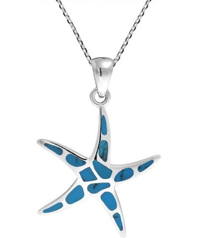 Mystical Ocean Inspired Starfish with Blue Simulated Turquoise Inlays .925 Sterling Silver Beach Vibes Pendant Chain Necklace...