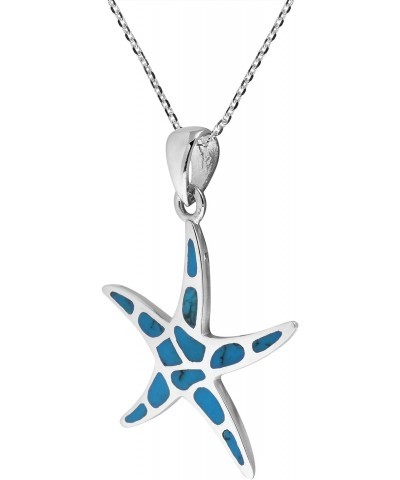 Mystical Ocean Inspired Starfish with Blue Simulated Turquoise Inlays .925 Sterling Silver Beach Vibes Pendant Chain Necklace...