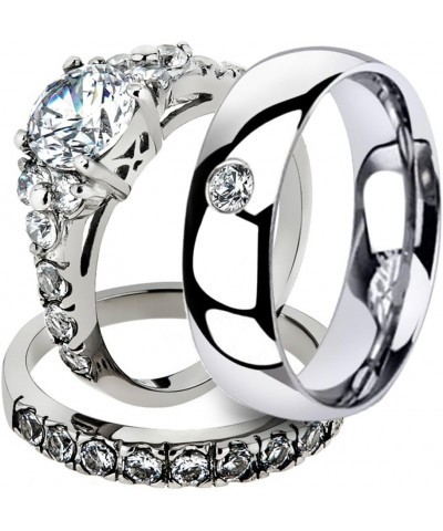 His and Her 3 Piece Stainless Steel 2.50 Carat Cubic Zirconia Bridal Set and Men's Wedding Band Women's Size 07 Men's Size 08...