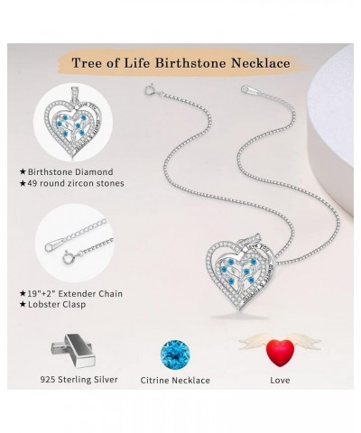 Birthstone Necklace for Women Girls, S925 Sterling Silver Tree of Life Necklace Double Heart Pendant Necklaces Birthstone Jew...