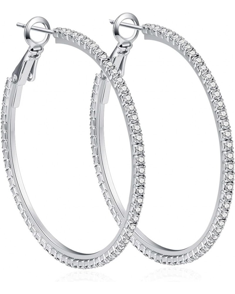 Sterling Silver Hoop Earrings S925 Large Rhinestone Silver Hoop Earrings for Women Thin Cubic Zirconia Big Silver Hoop Earrin...