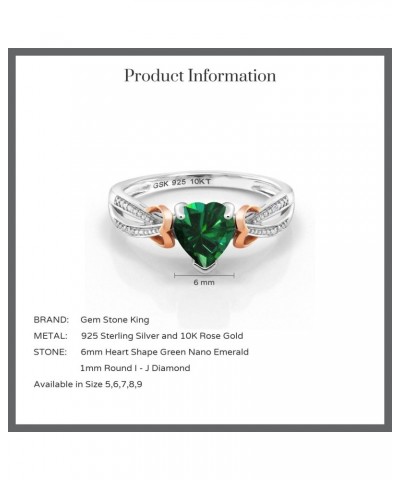 925 Sterling Silver and Solid 10K Rose Gold Heart Shape Simulated Emerald and Diamond Women Ring (0.69 Cttw, Available In Siz...