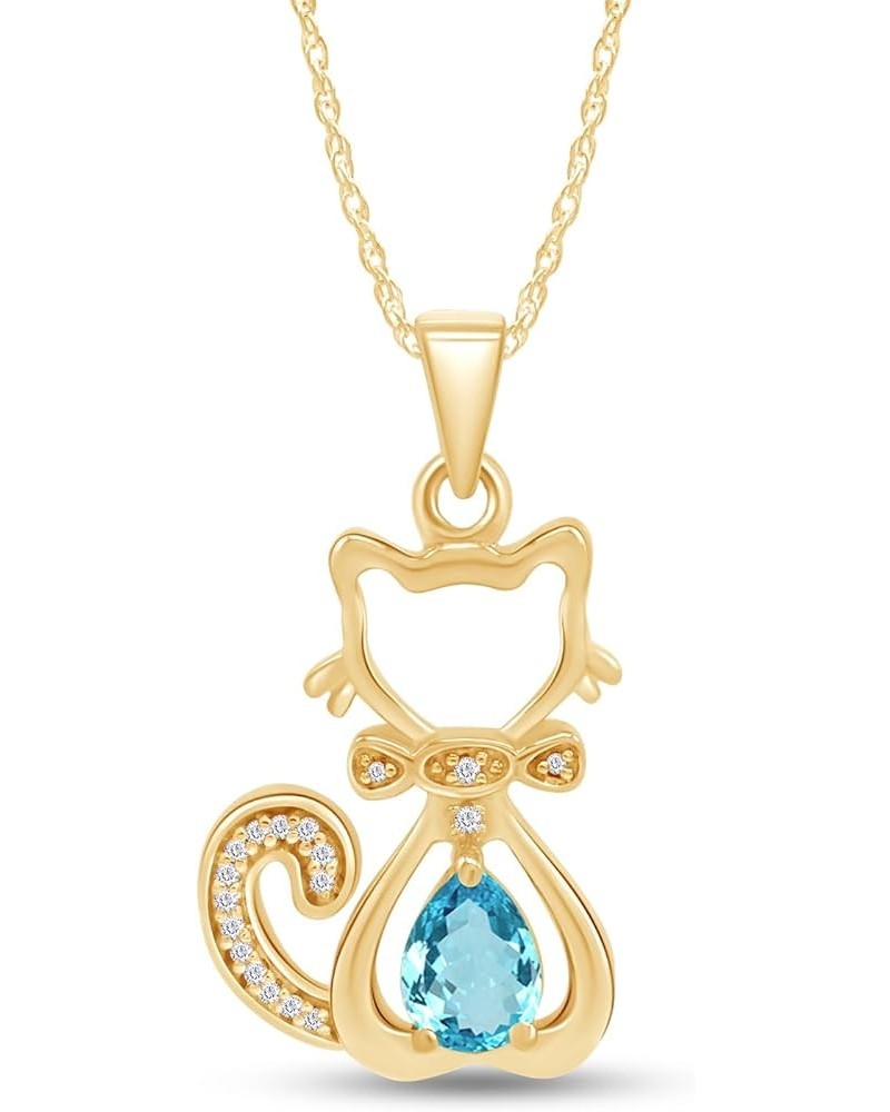 Pear & Round Cut Simulated Birthstone & White Natural Diamond Accent Cute Cat Kitty Pendant Necklace Along With 18" Silver Ch...