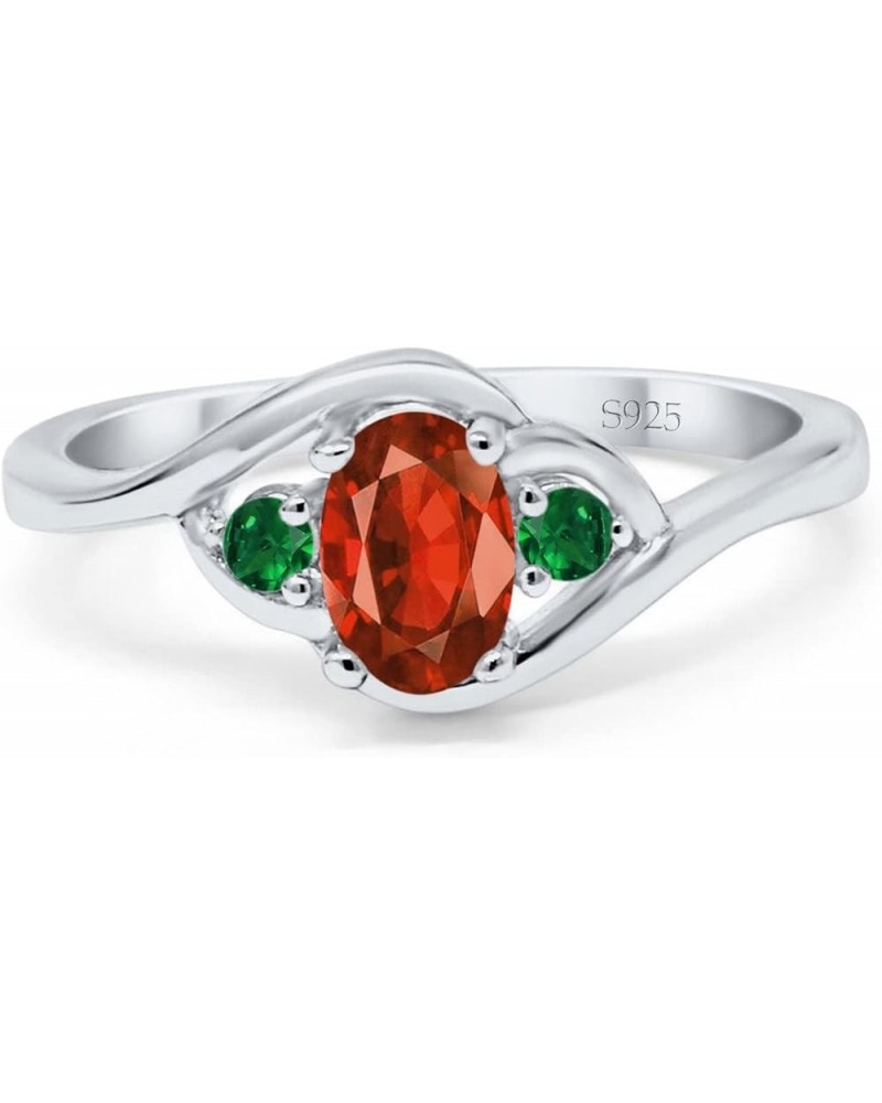 Three Stone Engagement Ring Oval Cut Round Simulated Green Emerald Cubic Zirconia 925 Sterling Silver Simulated Garnet CZ $11...