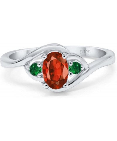 Three Stone Engagement Ring Oval Cut Round Simulated Green Emerald Cubic Zirconia 925 Sterling Silver Simulated Garnet CZ $11...