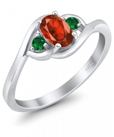 Three Stone Engagement Ring Oval Cut Round Simulated Green Emerald Cubic Zirconia 925 Sterling Silver Simulated Garnet CZ $11...