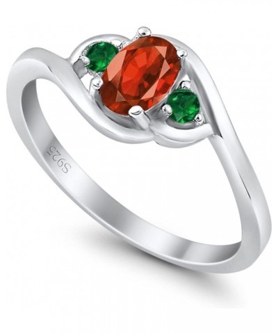 Three Stone Engagement Ring Oval Cut Round Simulated Green Emerald Cubic Zirconia 925 Sterling Silver Simulated Garnet CZ $11...