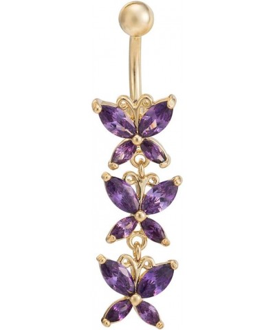 Fancy CZ Gemstone Triple Butterfly Surgical Steel with Solid Titanium Belly Button Ring Purple $9.88 Body Jewelry