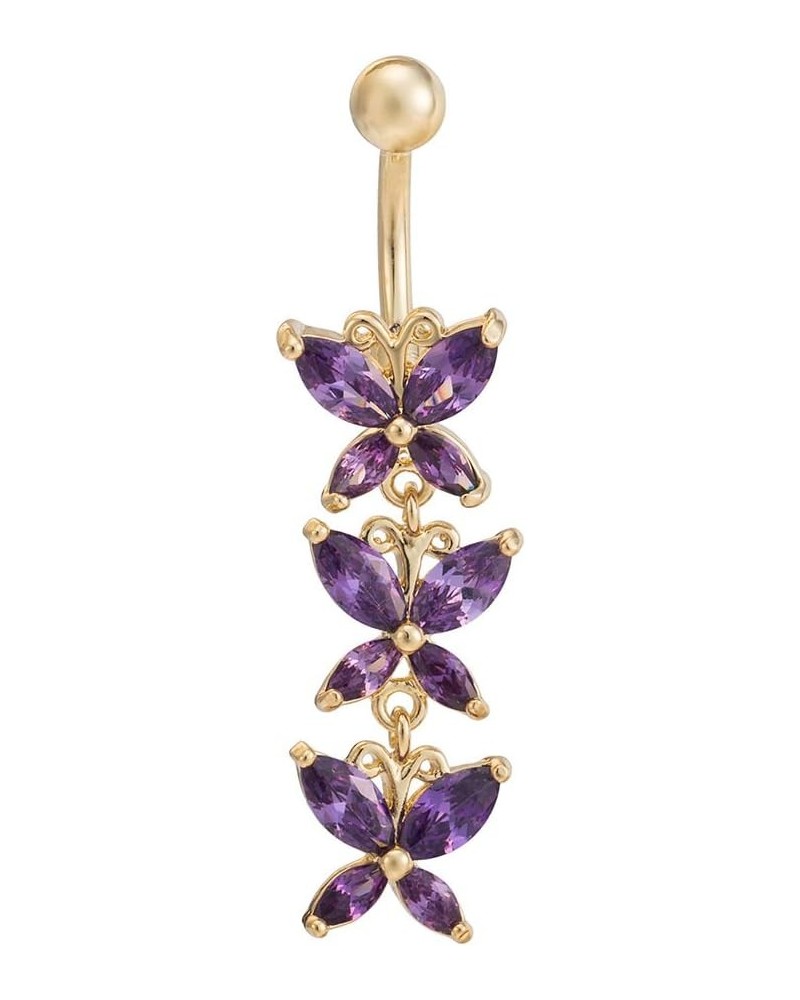 Fancy CZ Gemstone Triple Butterfly Surgical Steel with Solid Titanium Belly Button Ring Purple $9.88 Body Jewelry