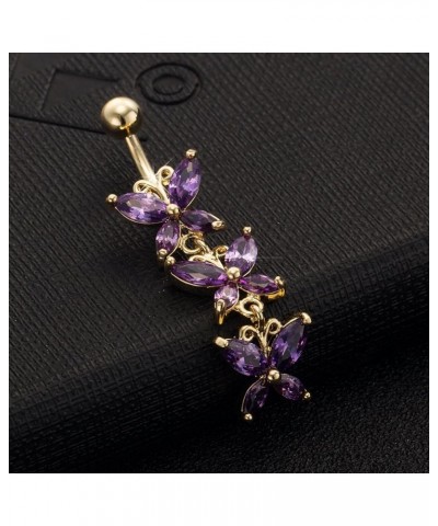 Fancy CZ Gemstone Triple Butterfly Surgical Steel with Solid Titanium Belly Button Ring Purple $9.88 Body Jewelry