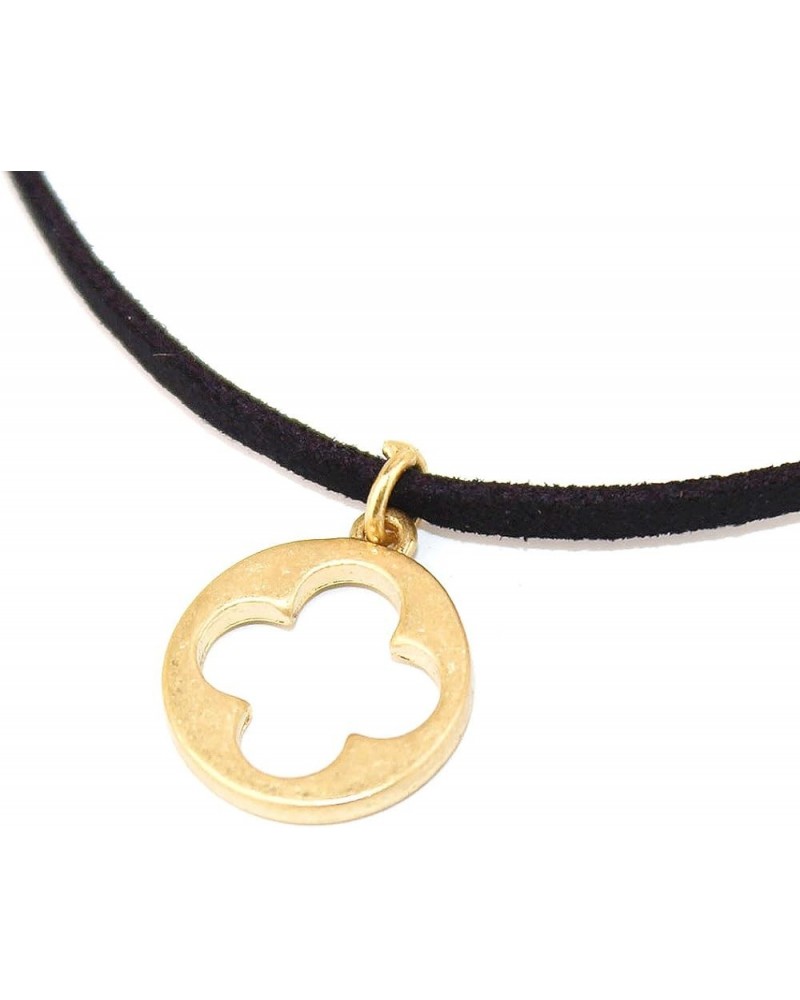 Black Suede Leather Cord Choker Gold Geometric Pendant Choker Necklace for Women Teen Clover_Black $11.39 Necklaces