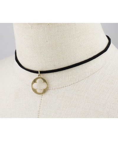 Black Suede Leather Cord Choker Gold Geometric Pendant Choker Necklace for Women Teen Clover_Black $11.39 Necklaces