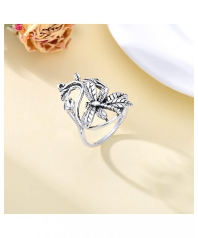 Gothic Style Vintage Sunflower Violet Dragonfly Open Ring Sterling Silver Family Birth Flowers Butterfly Party Rings for Wome...