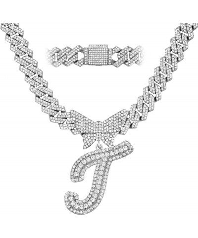 Cuban Link Chain for Women Cursive Silver Initial 14MM Diamond Prong Cuban Chain Hip Hop Iced Out Chain Necklace Butterfly In...