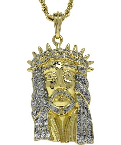 14k Gold Plated Large Jesus Piece Cz Pendant 24" Rope Chain Hip Hop Necklace $15.07 Necklaces