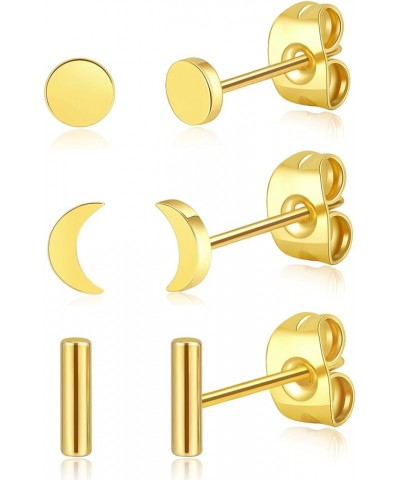 3 Pairs Titanium Gold Stud Earrings - Hypoallergenic Moon/Heart/Ball/Bar/Flat Disc Small Studs Earrings for Women Girls Minim...