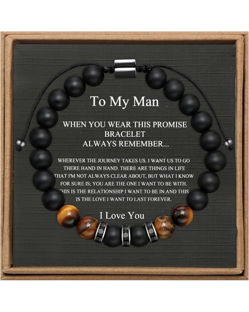 To My Man Mens Bead Bracelet for Boyfriend Husband, Adjustable 8mm Mens Tiger Eye Black Matte Agate Bead Bracelets To My Man-...