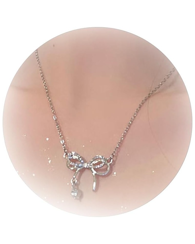 Bow Necklace for Women Rhinestone Necklace Silver Chain Necklace Dainty Crystal Necklace Bow Pendant Necklace Wedding Jewelry...