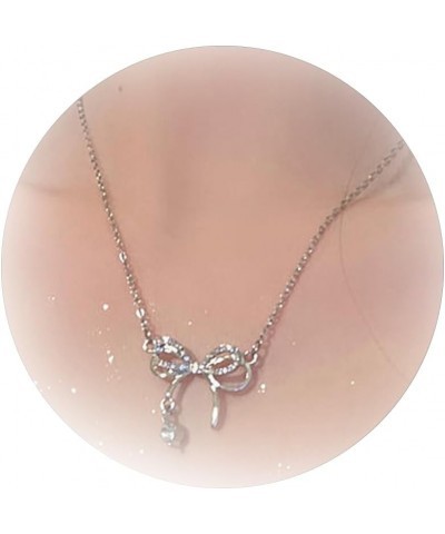 Bow Necklace for Women Rhinestone Necklace Silver Chain Necklace Dainty Crystal Necklace Bow Pendant Necklace Wedding Jewelry...