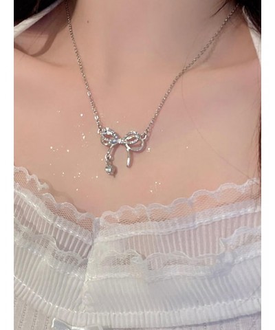 Bow Necklace for Women Rhinestone Necklace Silver Chain Necklace Dainty Crystal Necklace Bow Pendant Necklace Wedding Jewelry...