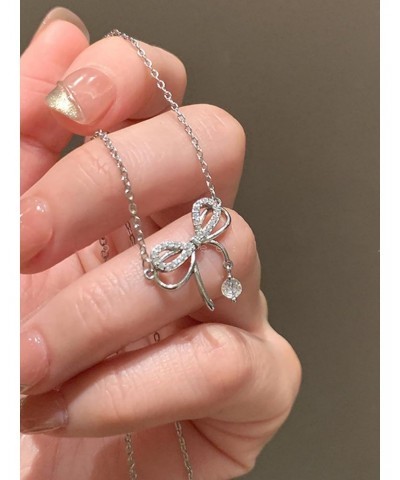 Bow Necklace for Women Rhinestone Necklace Silver Chain Necklace Dainty Crystal Necklace Bow Pendant Necklace Wedding Jewelry...