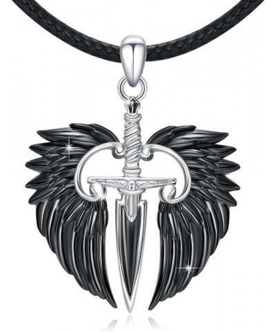 Angel Wings Necklace 925 Sterling Silver Cross/Sword Pendant Necklace Guardian Angel Wings Jewelry for Men Women C-Black Swor...