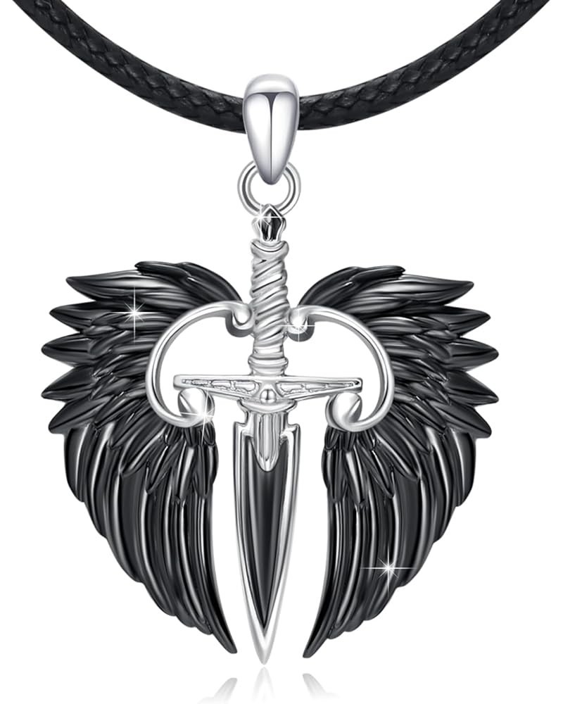 Angel Wings Necklace 925 Sterling Silver Cross/Sword Pendant Necklace Guardian Angel Wings Jewelry for Men Women C-Black Swor...