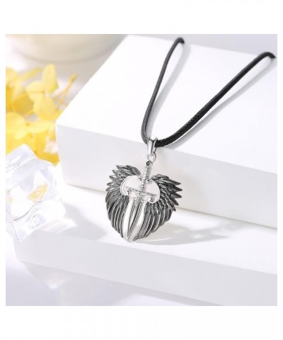 Angel Wings Necklace 925 Sterling Silver Cross/Sword Pendant Necklace Guardian Angel Wings Jewelry for Men Women C-Black Swor...