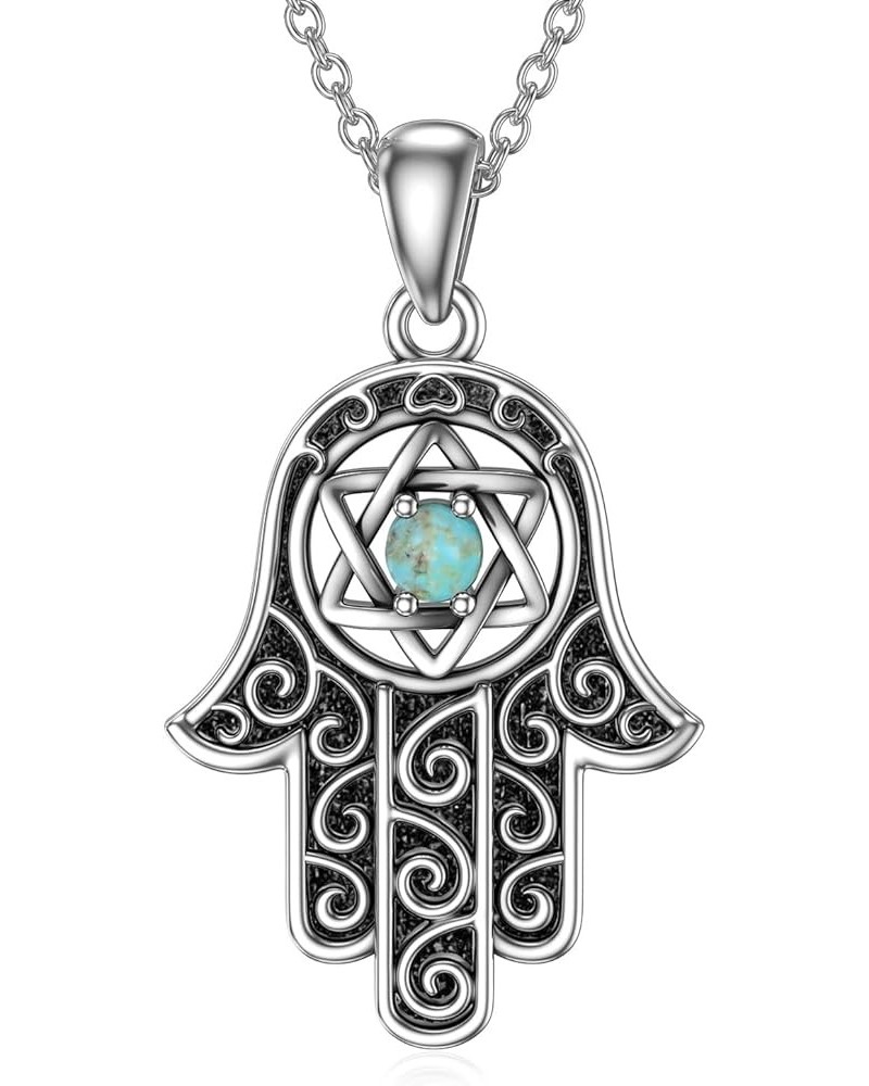 Hamsa Hand Necklace, 925 Sterling Silver Genuine Turquoise Hand of Fatima Pendant Necklace Good Luck Jewelry Gifts for Women ...