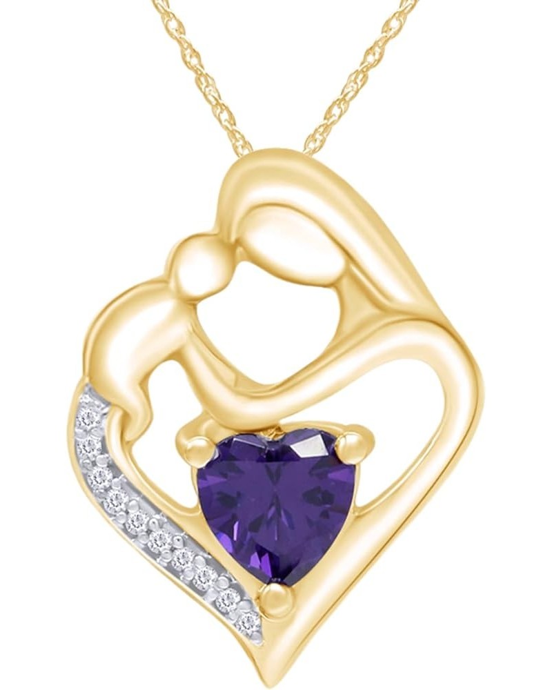 Simulated Birthstone & White Natural Diamond Accent Mother & Child Heart Pendant Necklace In 14k Yellow Gold Over Sterling Si...