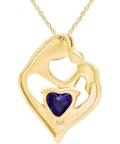 Simulated Birthstone & White Natural Diamond Accent Mother & Child Heart Pendant Necklace In 14k Yellow Gold Over Sterling Si...