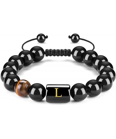 10mm A-Z Initial Letter Natural Black Onyx Tiger Eye Stone Beads Bracelet Stress Relief Adjustable Braided Rope Bracelet for ...