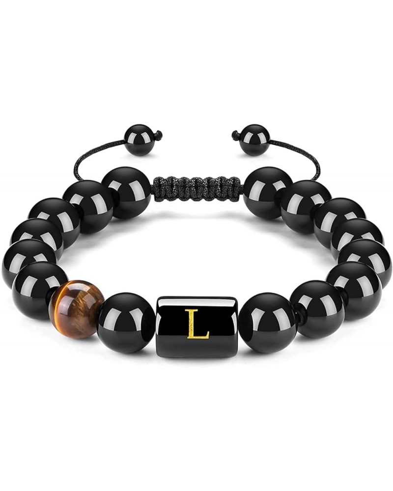 10mm A-Z Initial Letter Natural Black Onyx Tiger Eye Stone Beads Bracelet Stress Relief Adjustable Braided Rope Bracelet for ...