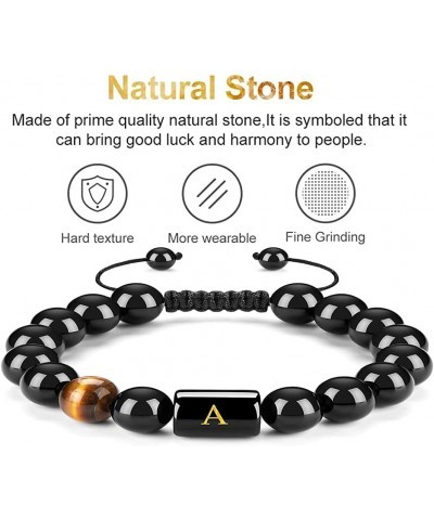 10mm A-Z Initial Letter Natural Black Onyx Tiger Eye Stone Beads Bracelet Stress Relief Adjustable Braided Rope Bracelet for ...