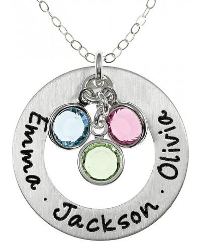 AJ`s Collection Sterling Silver Round Washer Personalized Pendant Necklace - Engraved with up to Three Names and Selected Bir...