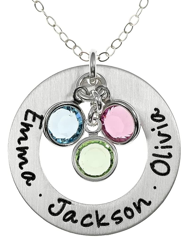 AJ`s Collection Sterling Silver Round Washer Personalized Pendant Necklace - Engraved with up to Three Names and Selected Bir...