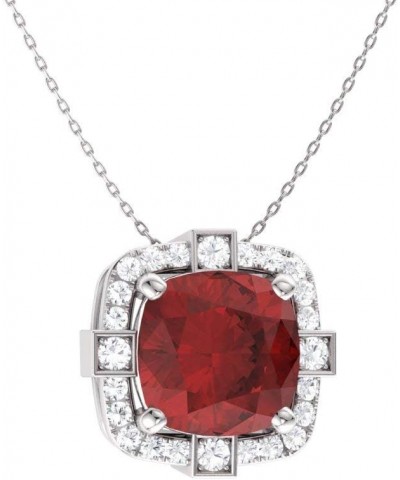 Natural and Certified Cushion Cut Gemstone and Diamond Halo Necklace in 14k White Gold | 0.79 Carat Pendant with Chain Garnet...