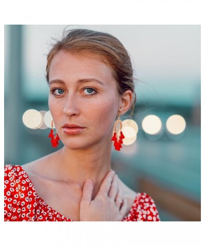 Bohemian Layered Tassel Earrings - Handmade Tiered Tassel Dangle Earrings with Wooden ball for Sister, Lover U-Red $8.79 Earr...