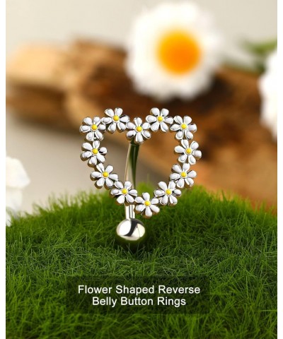 14G Belly Button Rings Reverse Belly Rings Stainless Steel 316L Flower Belly Piercing Jewelry for Women Belly Piercing Navel ...