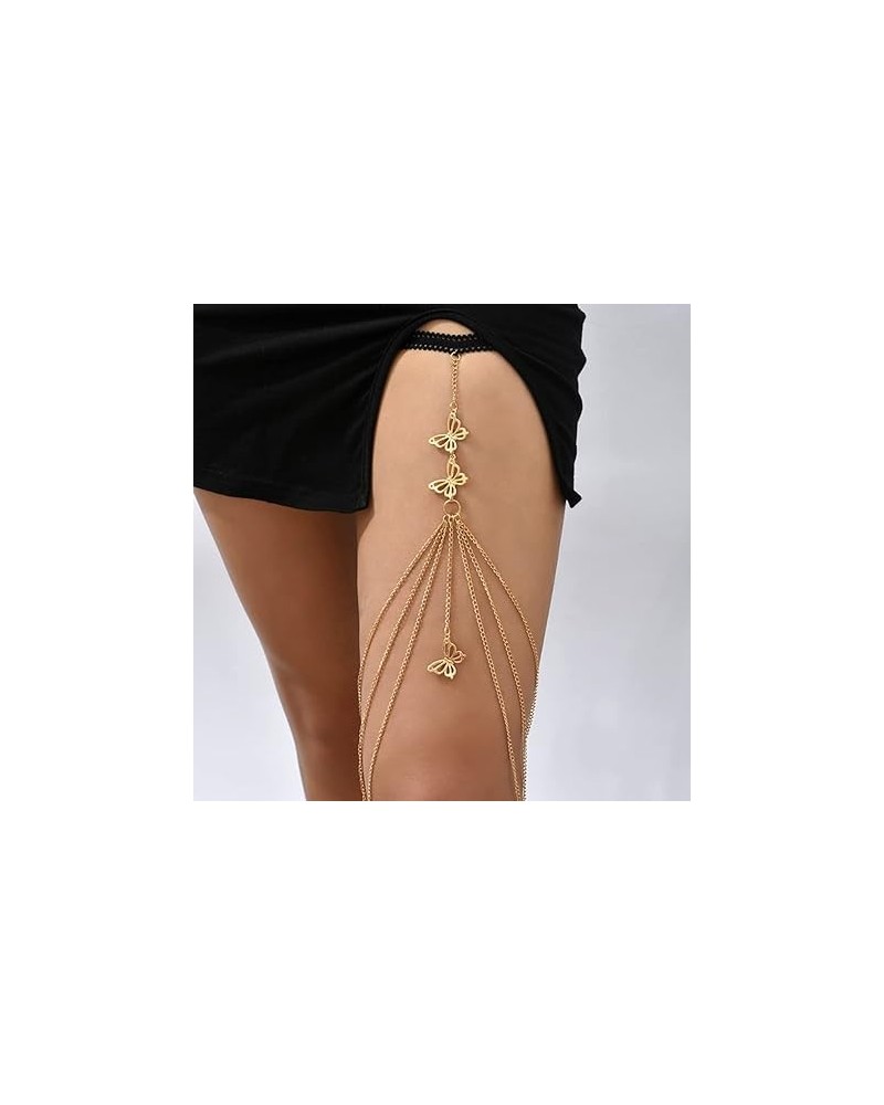 Boho Butterfly Thigh Chain Elastic Layered Leg Chain Gold Silver Tassel Thigh Chain Rave Body Chain Accessories for Women Gir...