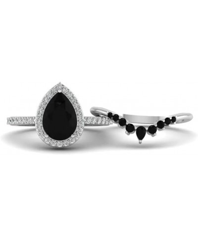 3 Ct Pear Cut Onyx Black Diamond Solitaire with Halo with V Shaped Band Wedding Ring Set for Women in 925 Sterling Silver Ros...