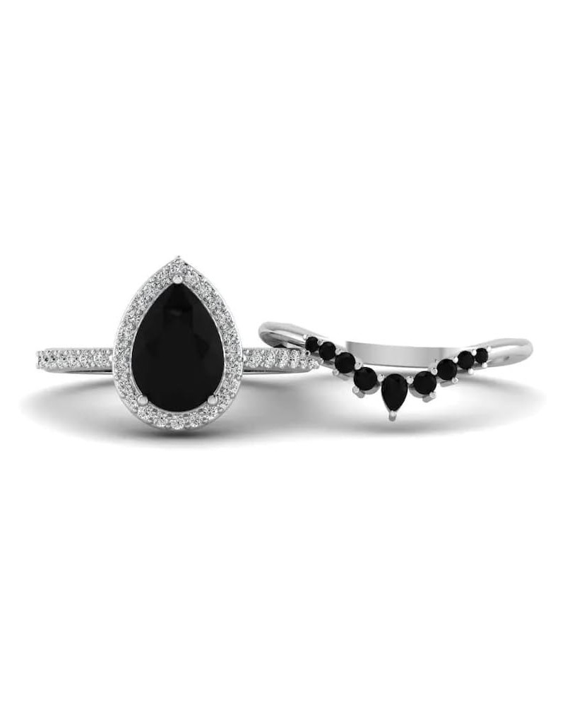 3 Ct Pear Cut Onyx Black Diamond Solitaire with Halo with V Shaped Band Wedding Ring Set for Women in 925 Sterling Silver Ros...