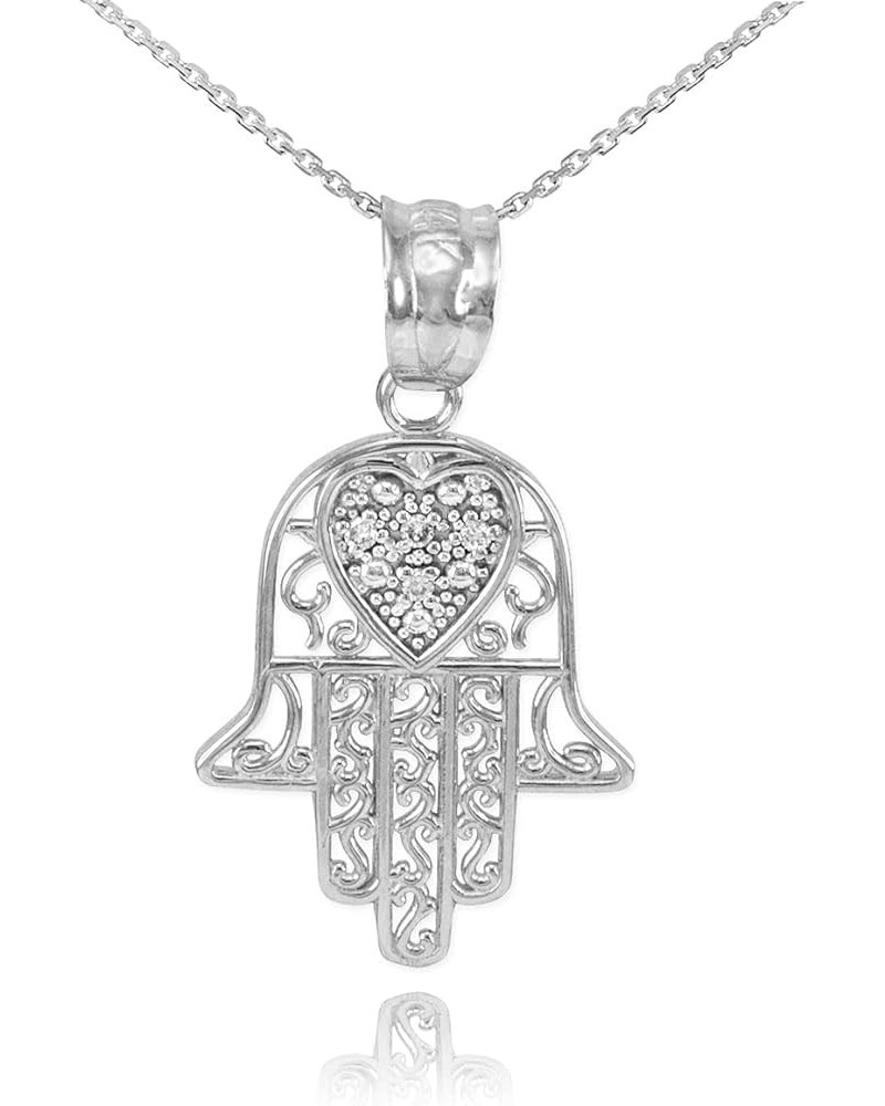 14K Yellow, White, or Rose Gold Diamond-Accented Heart Filigree-Style Hamsa Pendant Necklace (G-H Color, SI1-SI2 Clarity) - C...