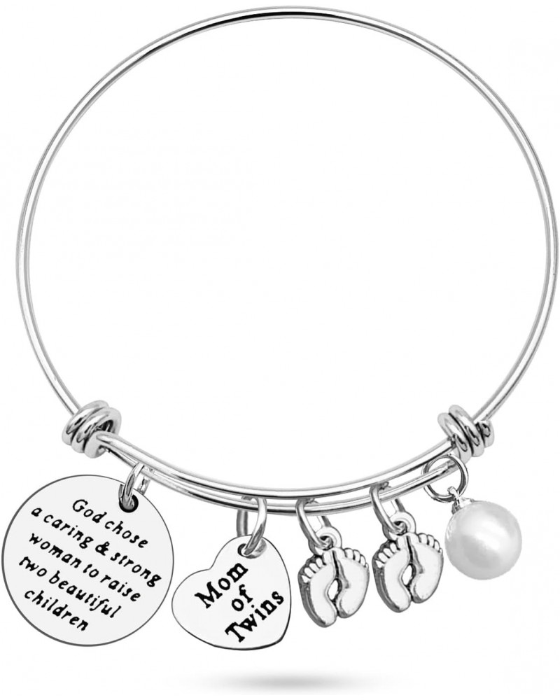 Mom Bracelets Twins Jewelry Gift God Chose A Caring & Strong Woman to Raise Two Twin Mom Jewelry Footprint Charm Expandable B...