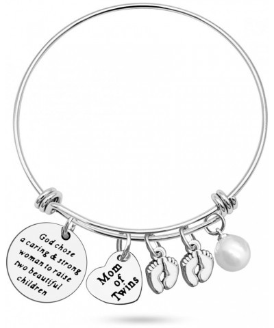 Mom Bracelets Twins Jewelry Gift God Chose A Caring & Strong Woman to Raise Two Twin Mom Jewelry Footprint Charm Expandable B...