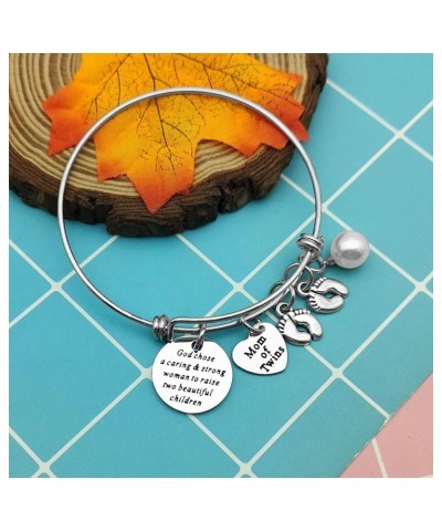 Mom Bracelets Twins Jewelry Gift God Chose A Caring & Strong Woman to Raise Two Twin Mom Jewelry Footprint Charm Expandable B...