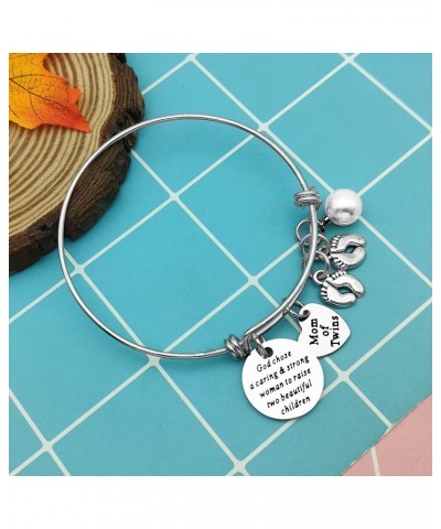 Mom Bracelets Twins Jewelry Gift God Chose A Caring & Strong Woman to Raise Two Twin Mom Jewelry Footprint Charm Expandable B...