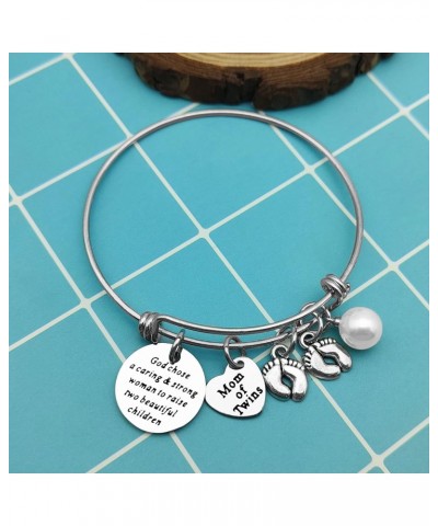 Mom Bracelets Twins Jewelry Gift God Chose A Caring & Strong Woman to Raise Two Twin Mom Jewelry Footprint Charm Expandable B...