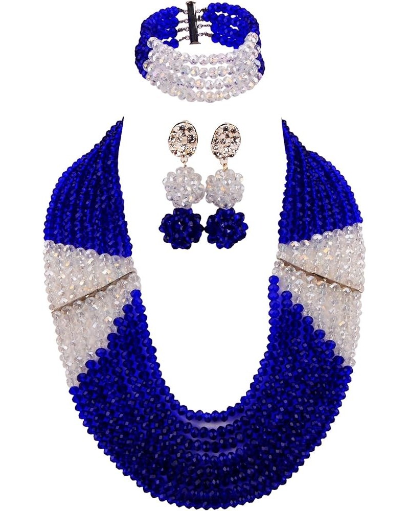 8 Lines Statement Strand Necklaces Nigerian Wedding African Beads Jewelry Set Crystal Bridal Jewelry Sets Royal Blue Transpar...